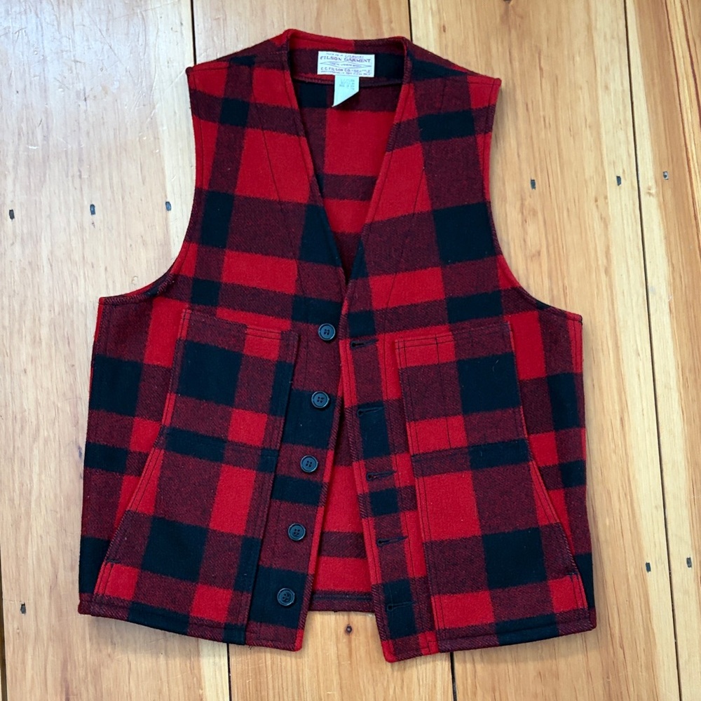 Filson Red and Black Checkered mackinaw Wool Vest made in usa